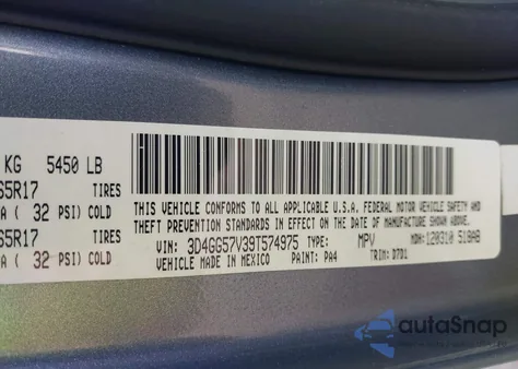 2009 Dodge Journey Sxt z USA, uszkodzony, nr VIN 3D4GG57V39T574975